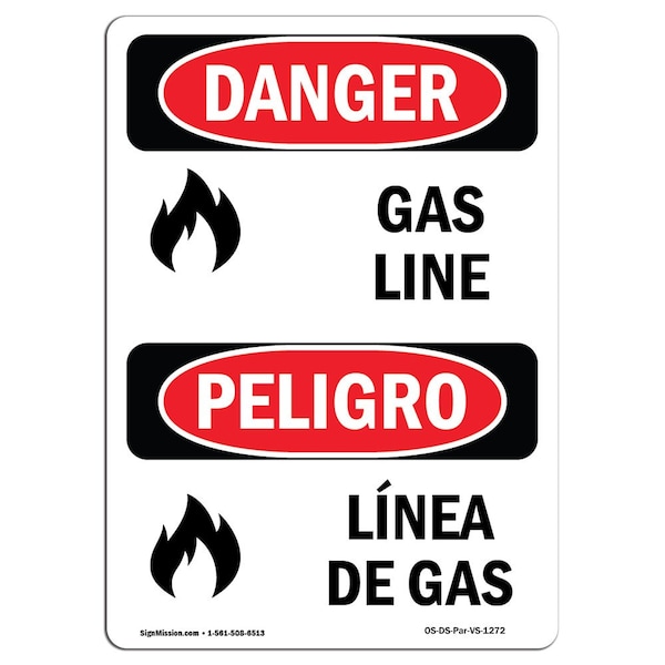 Safety Sign, OSHA Danger, 5" Height, Gas Line, Bilingual Spanish, 10PK